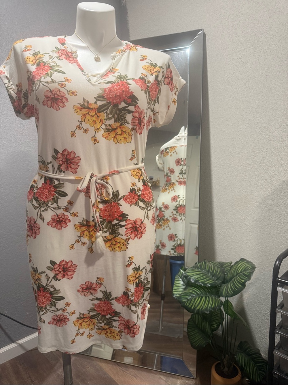 Bobbie Brooks Cream Midi Dress with Coral & Yellow Floral Print